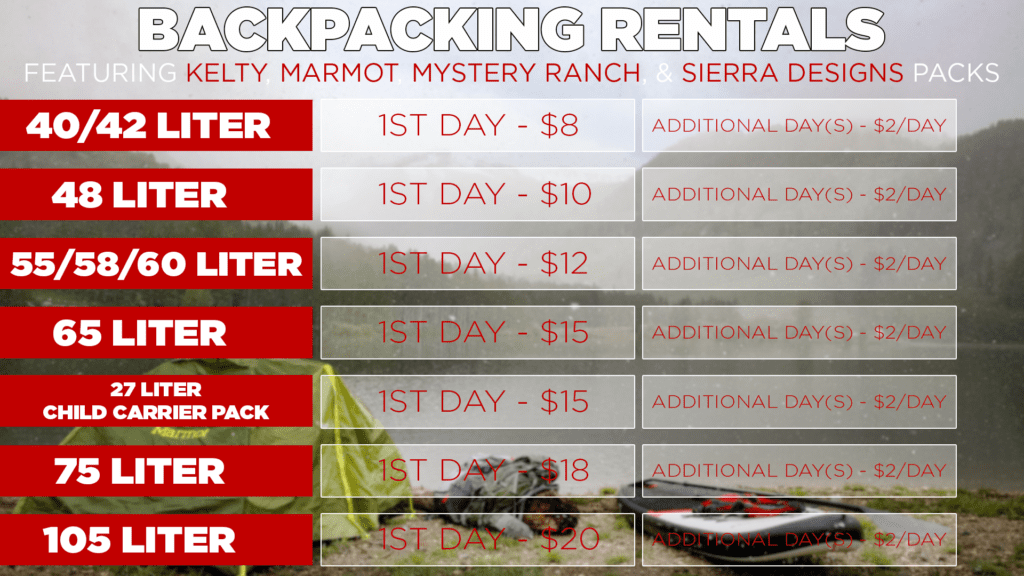 Backpack Rental (Pack Rental) Pricing