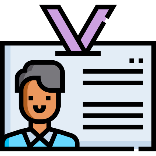 Illustration of an ID badge featuring a smiling person with short dark hair on the left and horizontal lines representing text on the right. A purple lanyard attaches to the top of the badge.