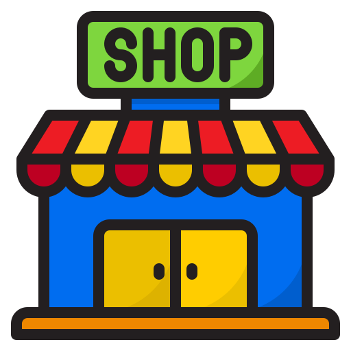 Colorful cartoon-style shop building with a red and yellow striped awning, blue walls, double yellow doors, and a green sign on top that says SHOP in bold letters.