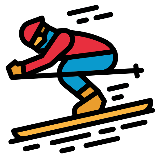 Illustration of a person skiing downhill, wearing a red jacket, blue pants, red helmet, and goggles, holding ski poles. The skier is in motion, with speed lines indicating fast movement.