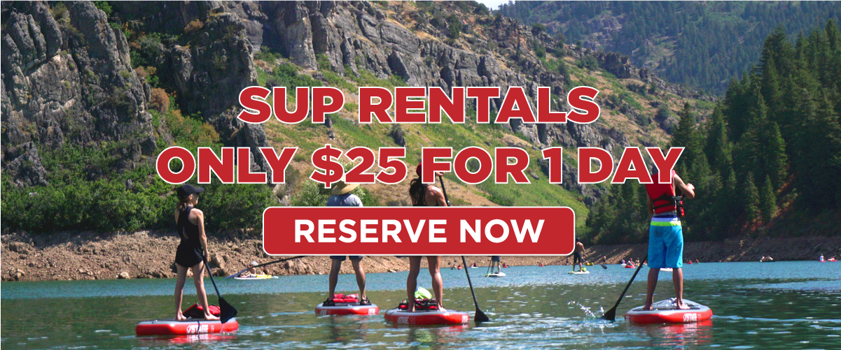 sup_rentals_1200x500 Four people on stand-up paddleboards in a lake surrounded by mountains and trees. Overlaid text reads: SUP Rentals Only $25 for 1 Day. Reserve Now.