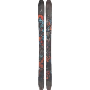 A pair of skis with a colorful, abstract graphic design in shades of blue, orange, and gray, featuring geometric and organic shapes along the length of the skis.