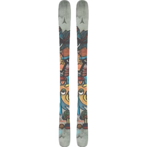 A pair of skis with colorful, abstract artwork featuring faces, eyes, and geometric shapes on a gray background. The tips and tails are rounded, and the graphics are bold and eye-catching.