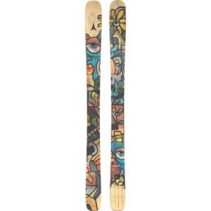 A pair of skis featuring colorful, abstract graffiti-style artwork with faces, eyes, and geometric shapes on a tan background.