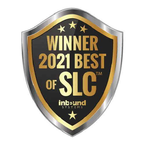A gold and black shield-shaped badge reads Winner 2021 Best of SLC with three gold stars above and inbound systems at the bottom.