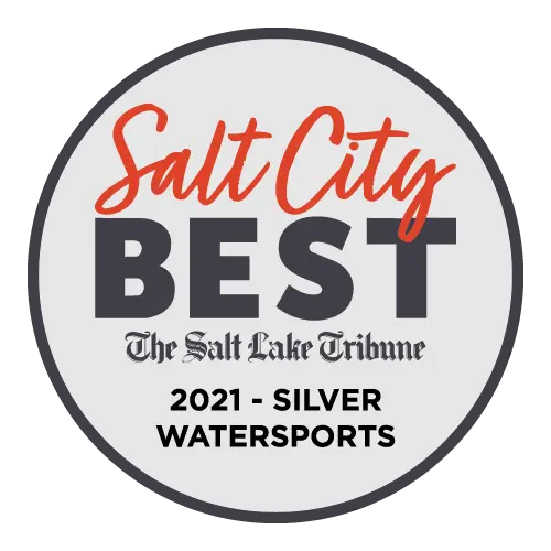 A round badge reads Salt City Best and The Salt Lake Tribune. Below, it says 2021 - Silver Watersports in black text on a white background with a dark outer border.