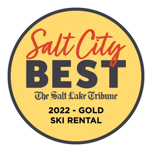 A yellow circular badge reads Salt City Best, The Salt Lake Tribune, and 2022 - Gold Ski Rental in bold letters, indicating a gold award for ski rental.
