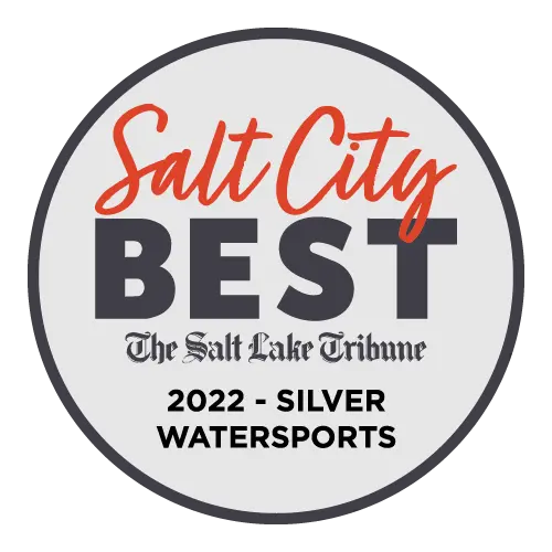 A circular badge reads Salt City Best, The Salt Lake Tribune, 2022 - Silver, Watersports with Salt City in red script and other text in black on a white background.